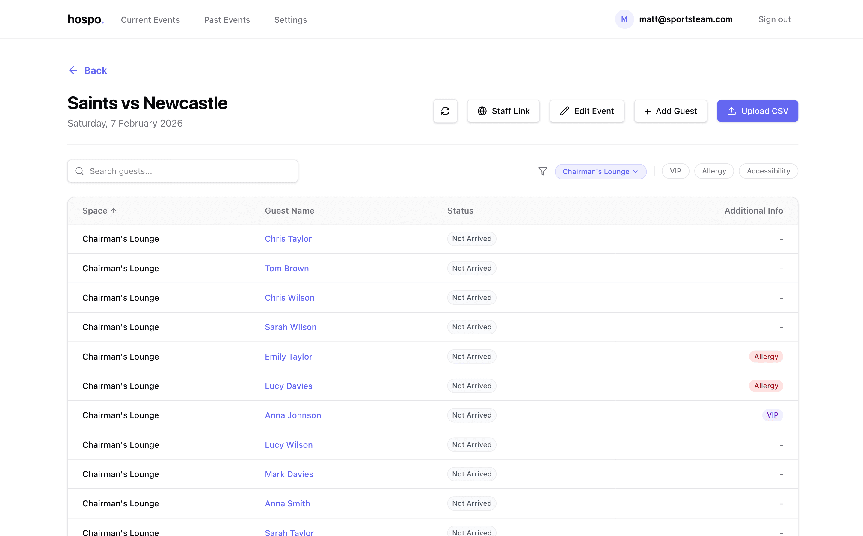 hospo.io guest list management interface showing event overview